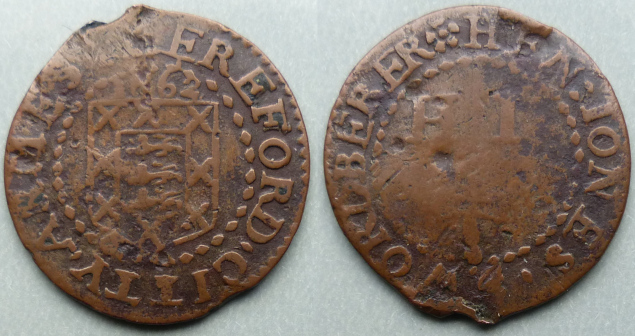 Hereford, Hen Jones city issue 1662 halfpenny N----